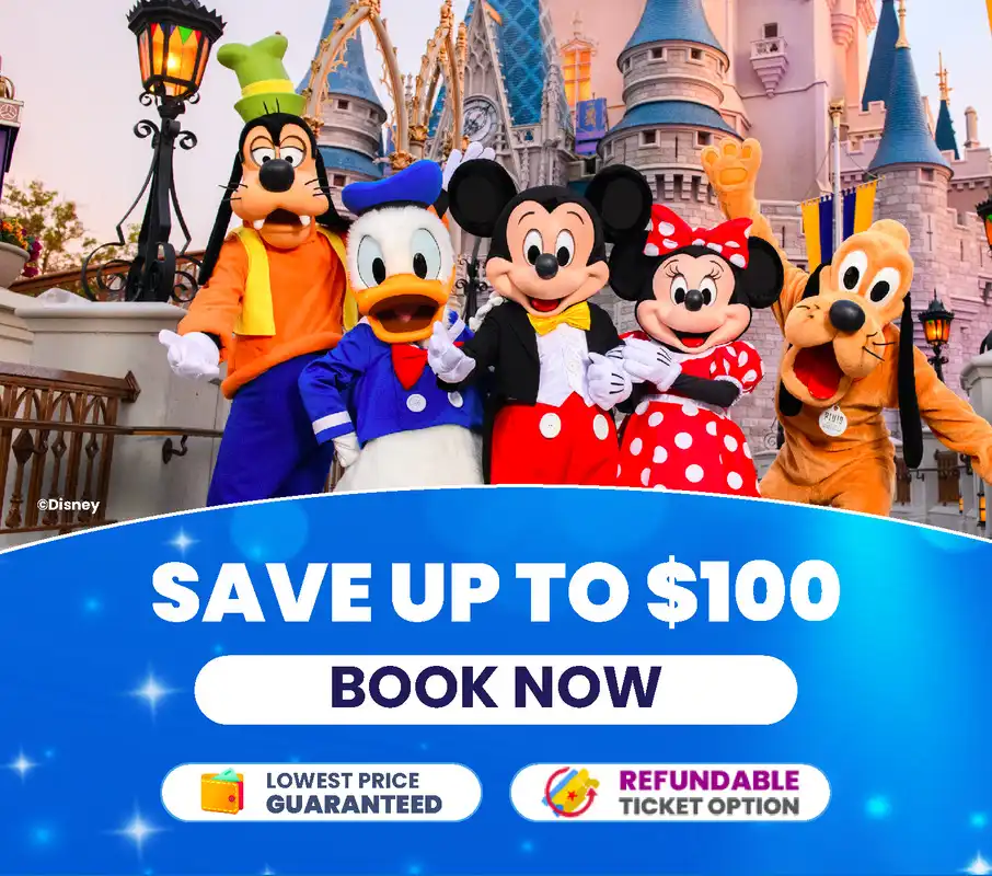 Disney World mobile banner with Cinderella Castle, promoting discount theme park tickets for mobile users