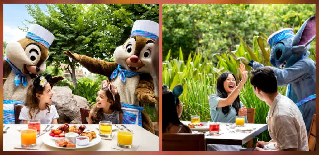 People dining outdoors with costumed characters in playful costumes entertaining children and adults at a themed event.