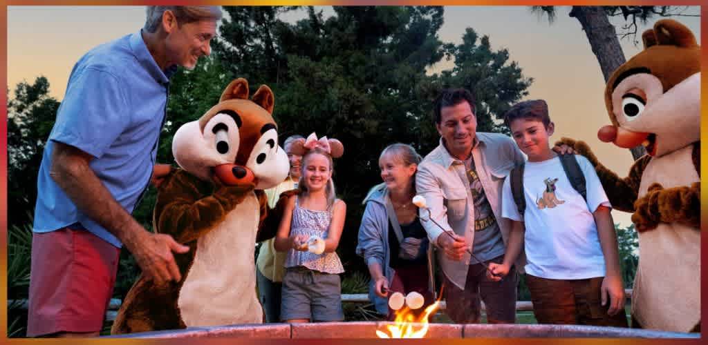 Family and children with park employees and mascot characters celebrating around a fire pit outdoors at dusk