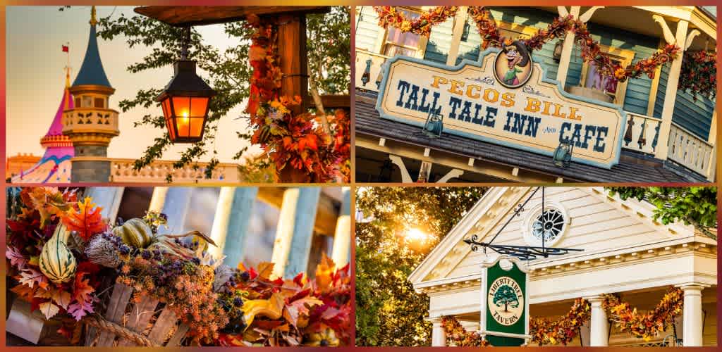 Images of a decorated castle, a themed inn, autumn leaves and pumpkins, and a white house with fall garlands during sunset.
