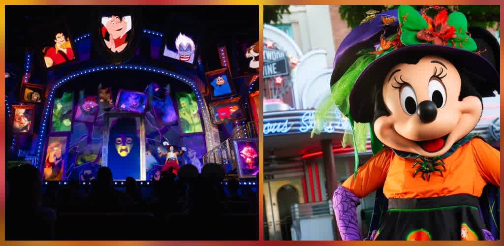 Left image shows a colorful stage performance with animated characters and bright lights at a theme park. Right image features a cheerful Minnie Mouse in a Halloween costume with a colorful hat.
