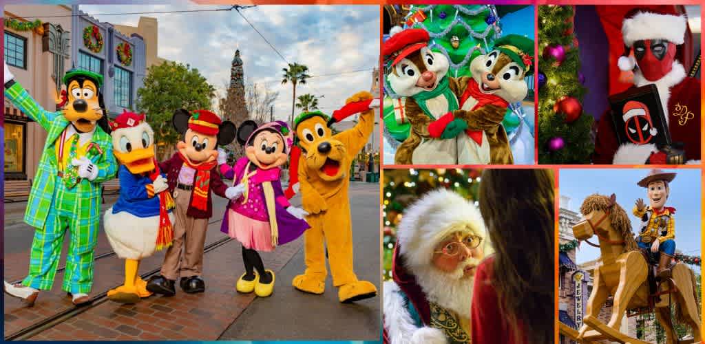 Group of people dressed as Disney characters and Santa Claus celebrating Christmas outdoors at a theme park with holiday decorations.