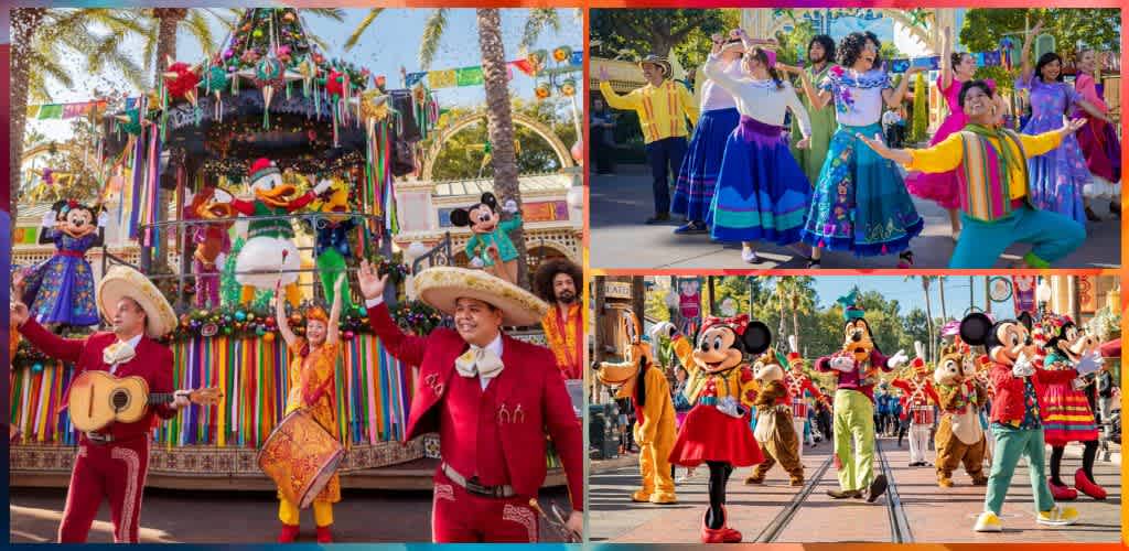 People in colorful costumes and traditional dresses celebrating with dancing and parade floats at a festive outdoor event