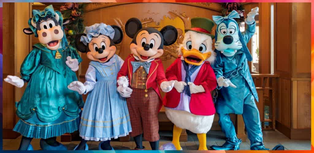 Costumed characters of Disney's Mickey Mouse, Minnie Mouse, Donald Duck, Daisy Duck, and Goofy smiling together in a festive setting
