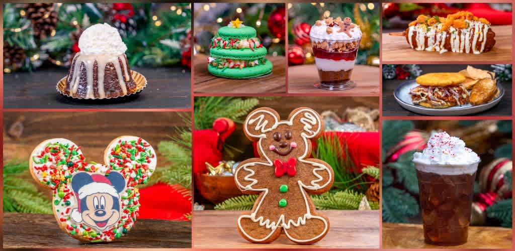 Assorted Christmas desserts and treats displayed on a wooden surface with holiday decorations and greenery.