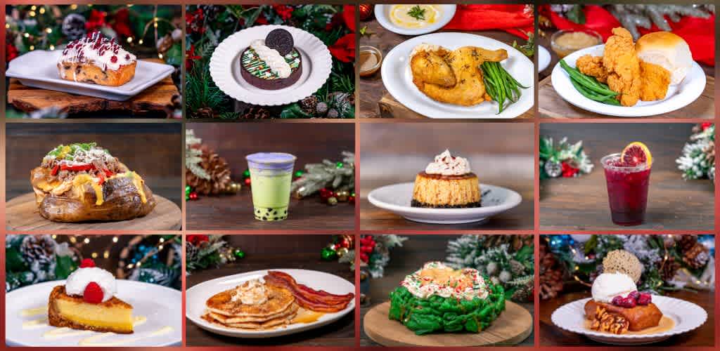 A variety of holiday desserts and dishes displayed on plates and tables, including pie, cake, cookies, and beverages, with festive Christmas decorations in the background.
