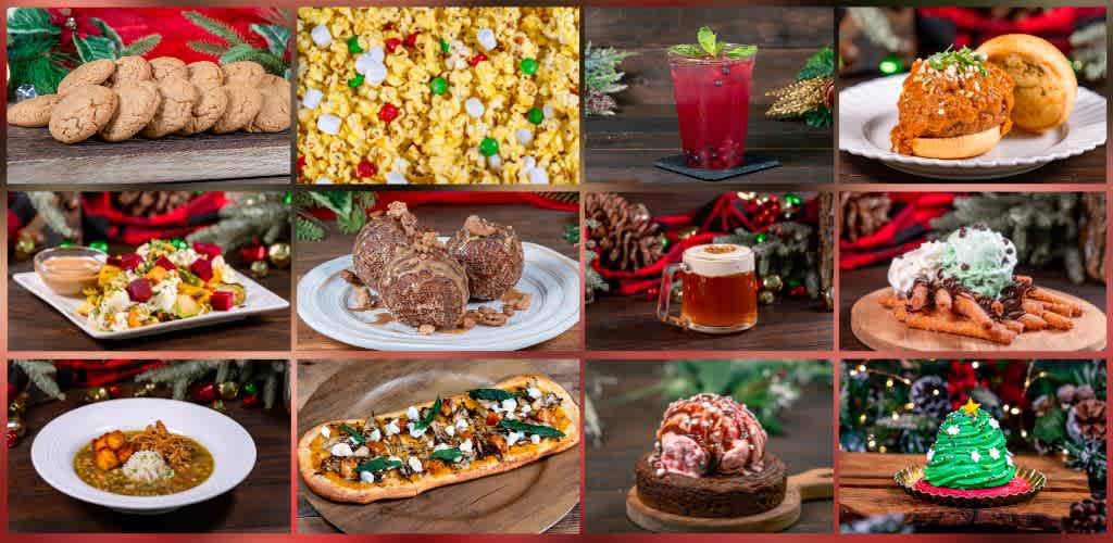 A collection of holiday treats including cookies, popcorn, a red drink, a burger, a salad, chocolate dessert, a pie, a cake, and a decorated Christmas tree cake with festive decorations.