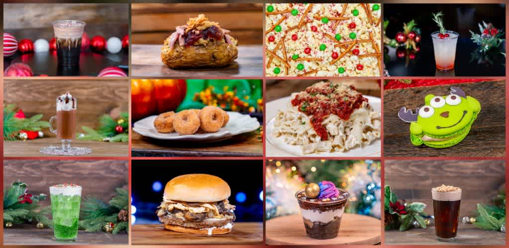 Holiday-themed desserts and food items including cookies, pasta, drinks, a burger, and a Christmas themed ice cream sundae.
