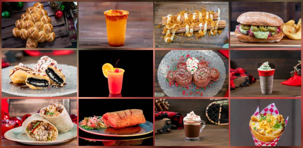 Images of various food and drinks including pastries, a beer, a burger, ice cream, and desserts on different backgrounds.