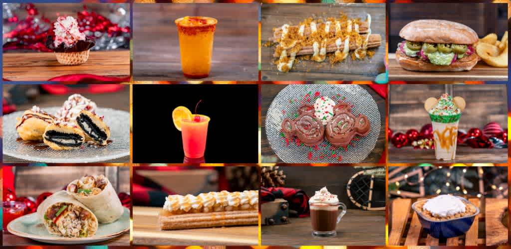 A collage of various festive snacks and desserts including cupcakes, beverages, cookies, ice cream, and a sandwich with a holiday theme.