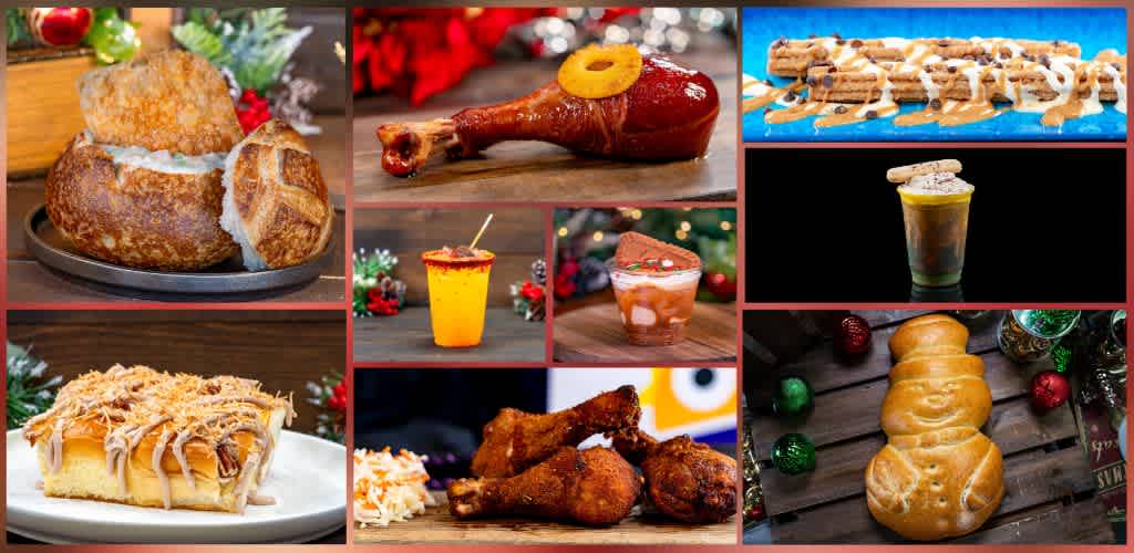 A collage of holiday foods including a bread bowl with soup, roasted chicken drumstick, gingerbread cookies, candy drink, caramel apple, cannoli, fried chicken, snowman-shaped bread, and Christmas ornaments.