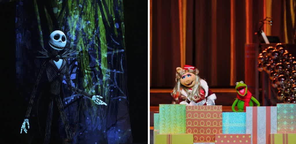 A split-screen image showing a spooky skeleton figure on the left and festive holiday puppets with presents on the right