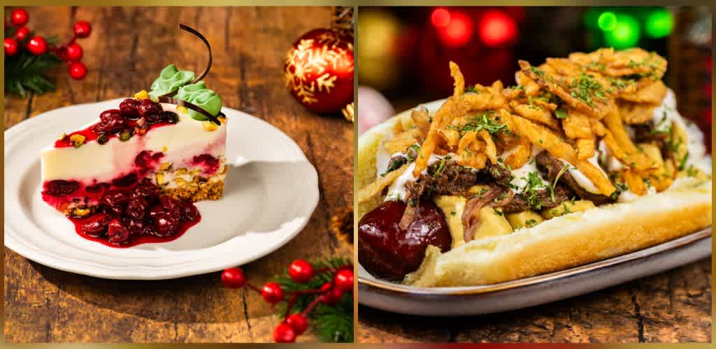 Side-by-side images of a cherry cheesecake with a graham cracker crust and a hot dog topped with fried onions, relish, and mustard on a bun