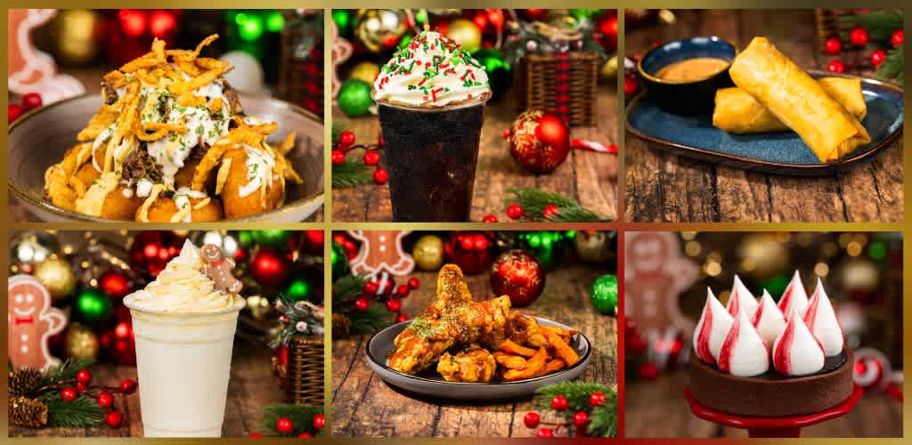 Holiday food and drinks including nachos, a black forest drink, spring rolls, eggnog, chicken wings, and a peppermint chocolate cake with Christmas decorations.