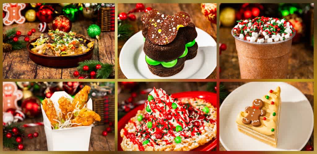 Festive holiday food including a casserole, chocolate sandwich cookies, hot cocoa with marshmallows, fried chicken tenders, Christmas pizza, and a gingerbread cookie on a slice of cake