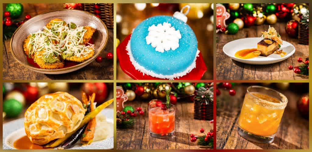 A collage of six holiday-themed food and drink items including a salad, a blue frosted cake, dessert with caramel, a savory pastry, a red cocktail, and an orange beverage, all set against festive decorations.