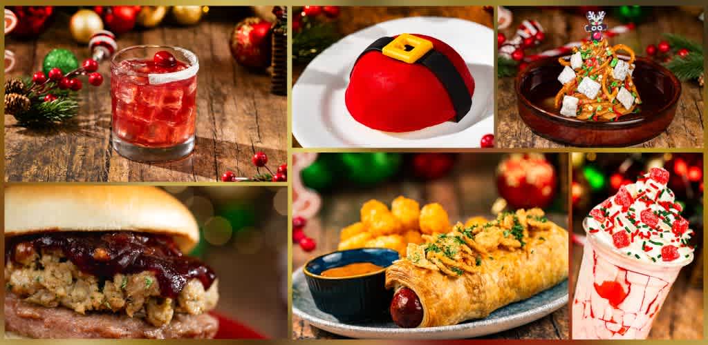 Assorted holiday food and drinks including a cranberry cocktail, Christmas-themed dessert, Santa hat cake, gingerbread tree, fried roll with sauce, and a peppermint milkshake on a festive background.