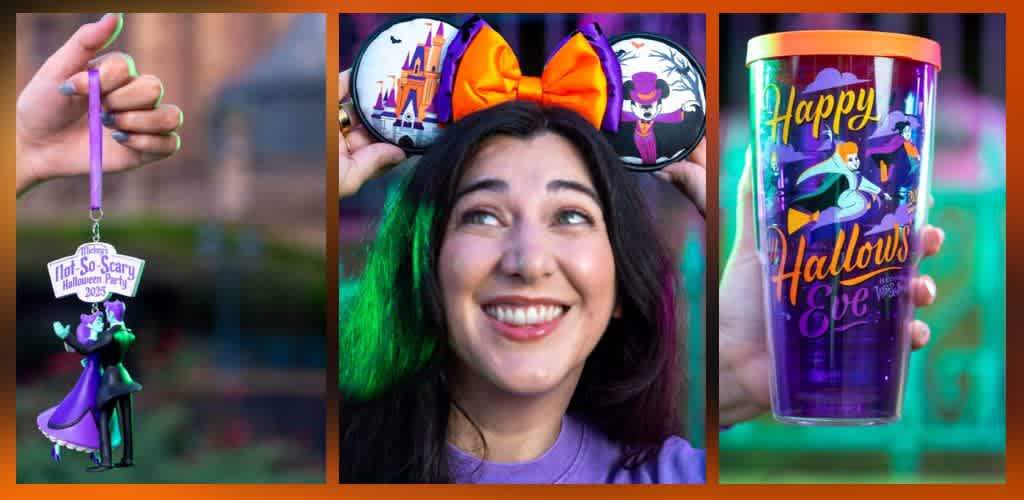 A woman wearing Halloween themed ears, holding a Halloween tumbler with characters and text, smiling outdoors with vibrant green and purple lighting.