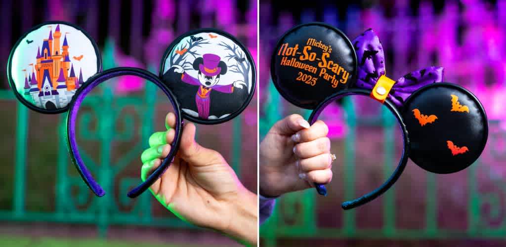 Disney Halloween themed mouse ears featuring a castle, a spooky skeleton, a haunted house, and bats for a Halloween party.