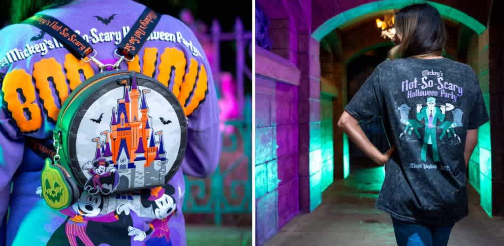 A person wears a Halloween themed Mickey Mouse backpack and a shirt with Halloween graphics at an amusement park with colorful illuminated archways.