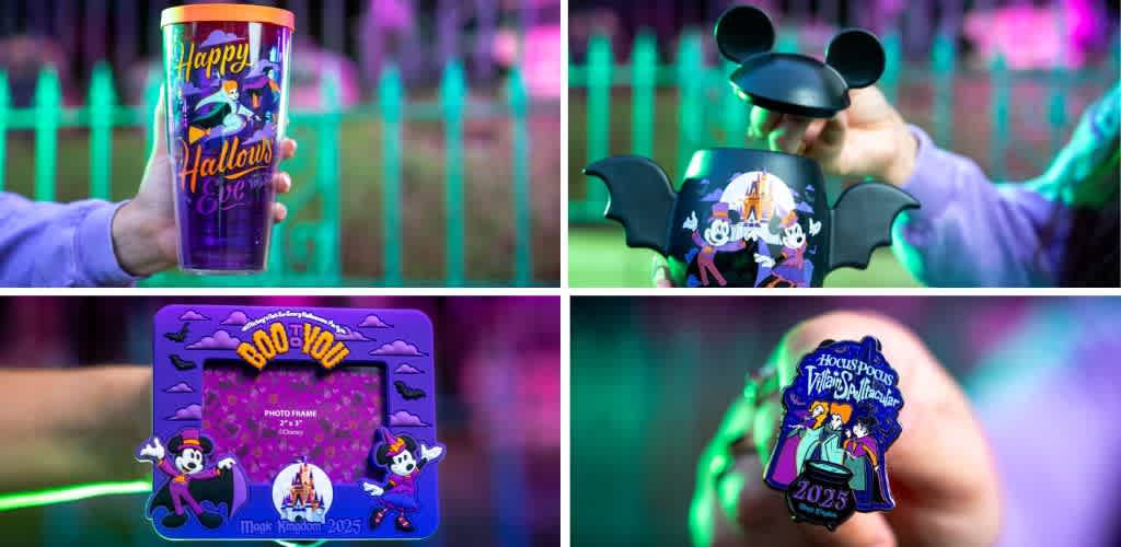 Four images of Disney Halloween themed merchandise including a tumbler, a bat-shaped container, a photo frame, and a keychain with spooky designs and characters.