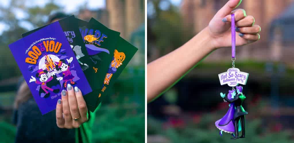 Person holding Halloween themed party invitations and a hanging decorative ornament featuring a witch and a villain character
