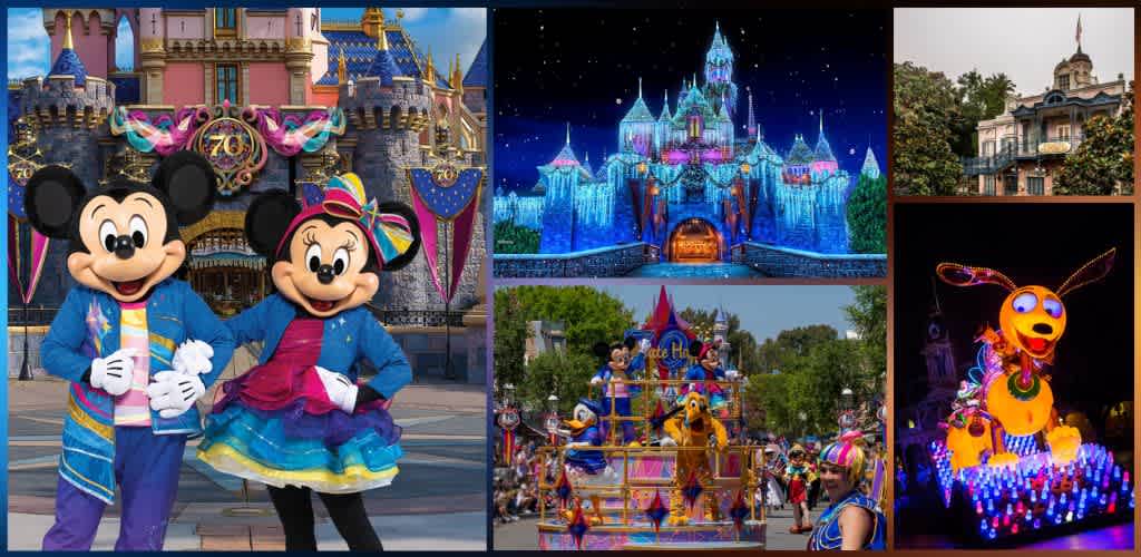 Picture of a Disney theme park with Mickey and Minnie Mouse in colorful costumes, a sparkling castle, and parade floats with themed characters at night and daytime.