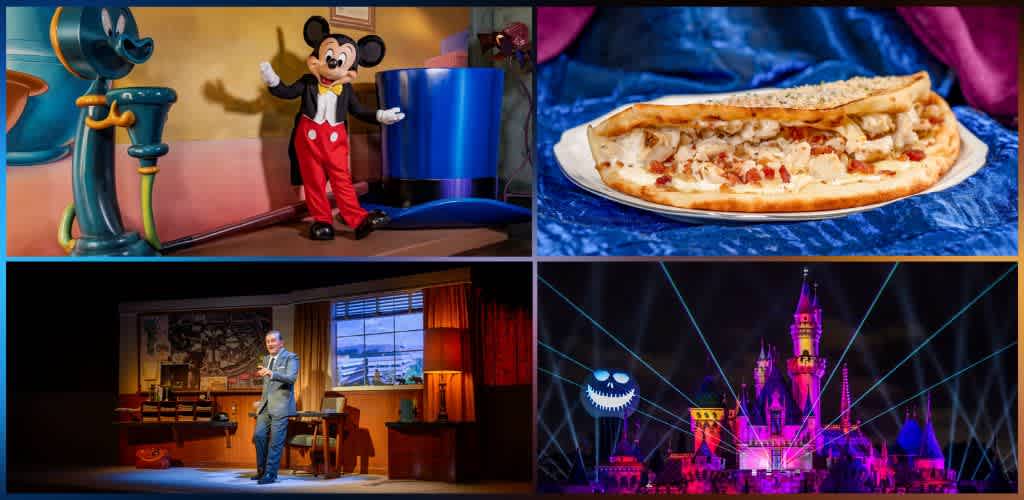 A collage of four images featuring Disney characters, a pizza, a performer on stage, and a nighttime castle with colorful lights and laser effects.