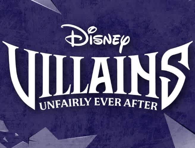 Logo for Disney Villains Unfairly Ever After with purple background and white text.
