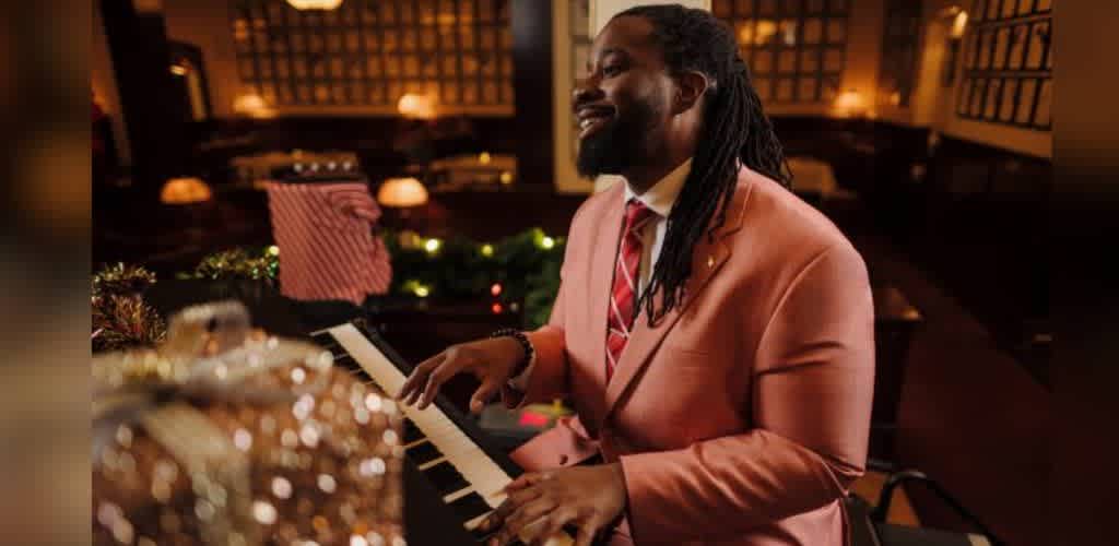 A man in a pink suit plays a keyboard in a warmly lit room decorated for the holidays.