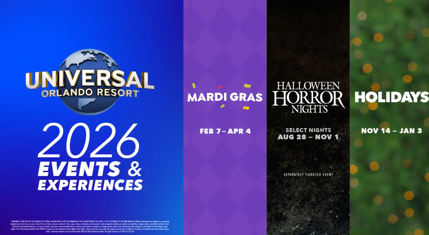 A colorful promotional poster for Universal Orlando Resort 2026 events including Mardi Gras from February 7 to April 4, Halloween Horror Nights from late August to early November, and Holidays from November 14 to January 3.