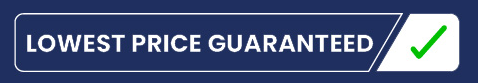 A blue banner with the text "LOWEST PRICE GUARANTEED" in bold, white lettering, accompanied by a green checkmark icon to the right, indicating assurance or approval.