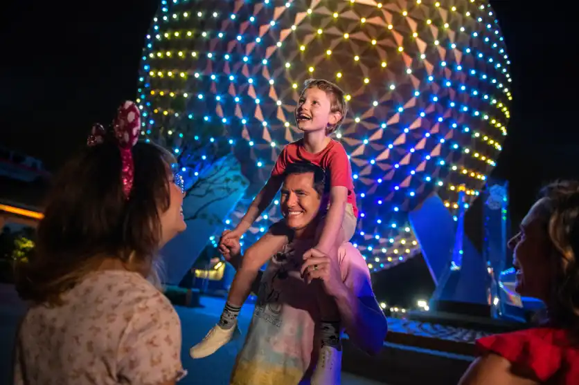 Colorful Epcot park card showcasing iconic attractions, highlighting Great Work Perks for employee engagement and enjoyment.