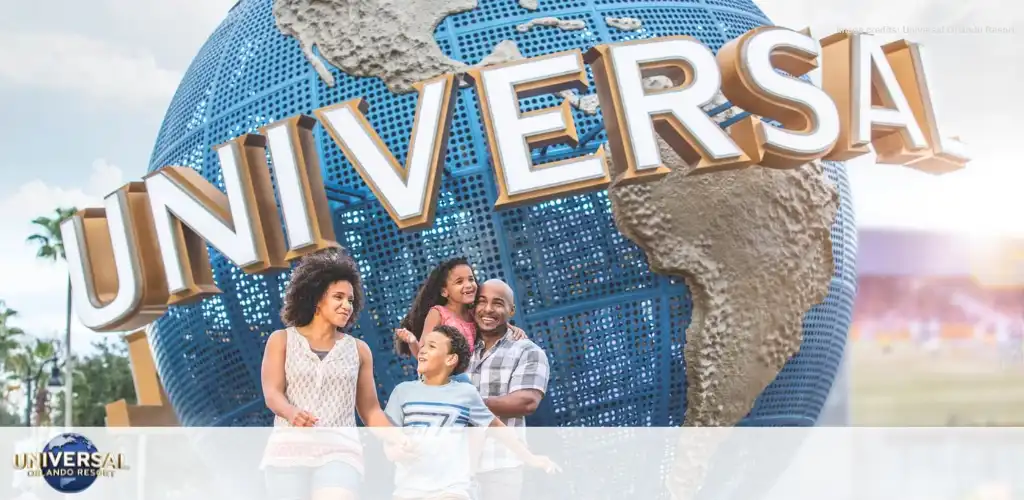 Smiling family enjoying their visit to Universal Orlando Resort, posing in front of the iconic Universal globe at the entrance of Universal Studios Florida.