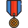 A colorful medal with a blue and red ribbon and a circular gold center featuring a star emblem