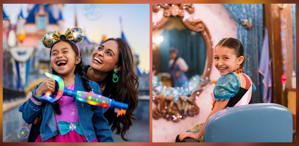 Two children enjoying Disney theme parks in colorful costumes, smiling and having fun in magical settings.