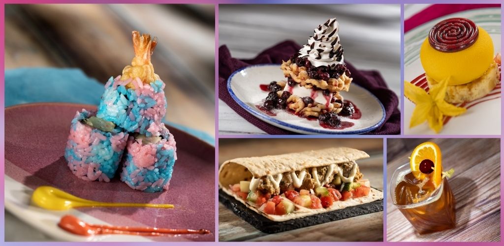 A collage of five desserts including colorful rice crispy treats with a cherry on top, a layered ice cream sundae, a fruit-topped pastry, a pizza with vegetables, and a cocktail with orange and cherry garnish.