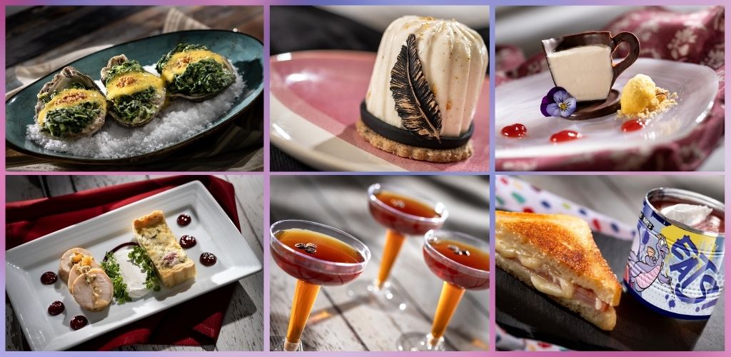 A platter of stuffed mushrooms, a dessert with a black feather decoration, a cup of tiramisu, a plate with petit fours, three cocktails, a grilled cheese sandwich, and a can of soda.