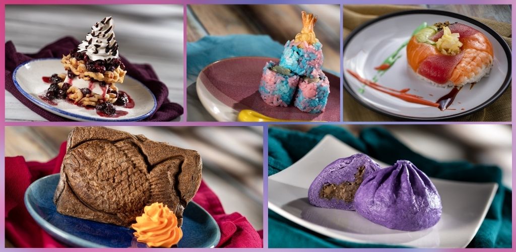 A collage of six images featuring various colorful desserts including a berry-topped ice cream sundae, rice crispy treats, a sushi roll, a chocolate cake, a purple steamed bun with filling, and a chocolate cookie.