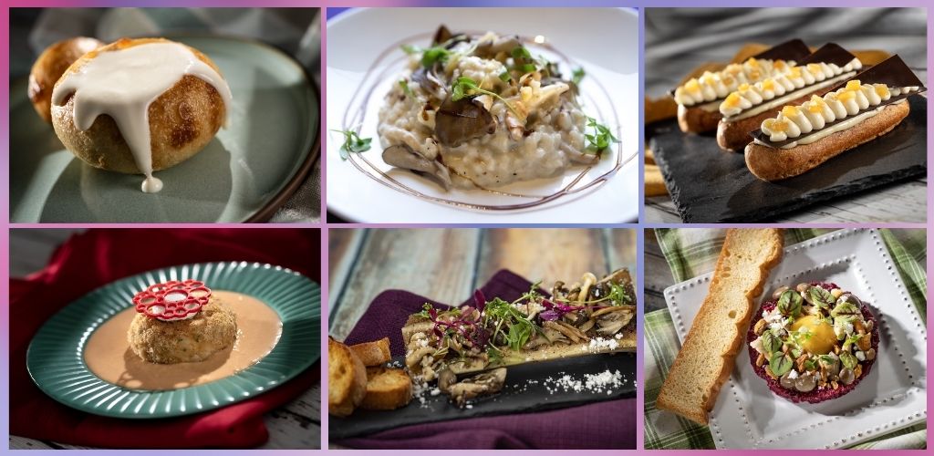 A collage of six food dishes including a dessert ball with sauce, creamy risotto, chocolate eclairs, a meatball with sauce, a salad with toast, and a tart with a biscuit.