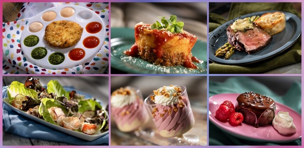 Six images of various foods including a breaded dish with sauces, a slice of layered casserole, a spotted steak with vegetables, a salad, a pink layered dessert, and a chocolate cake with berries and cream