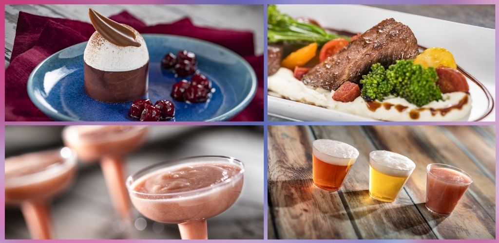 Four images featuring desserts, a plated meal, and drinks including a chocolate mousse, a savory dish with beef and vegetables, pink cocktails, and colorful beers.