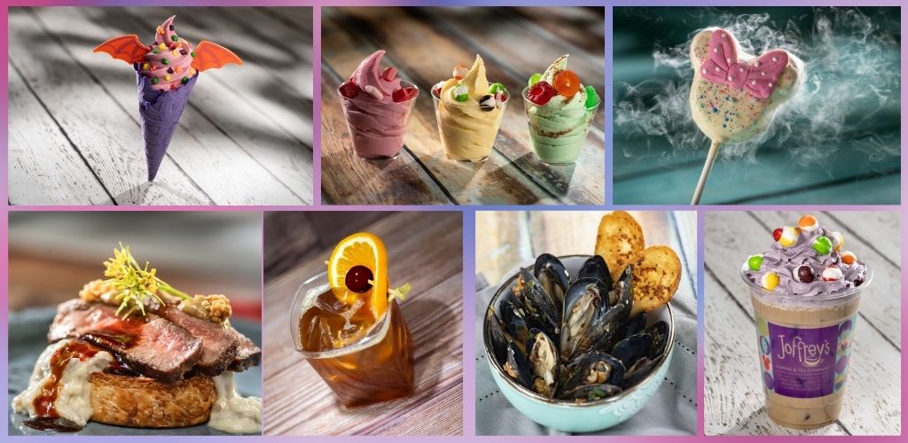 Image showing a variety of sweet desserts and savory dishes including colorful ice cream cones, a milkshake, a seafood bowl, and a decorated cupcake