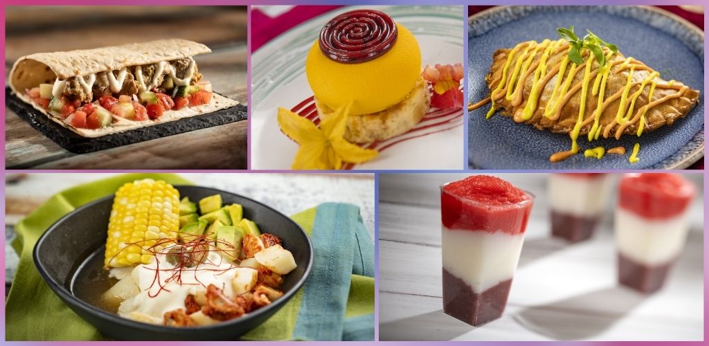 A collage of five dishes including a taco, a dessert with yellow and red swirls, a plated seafood dish, a bowl of corn and vegetables, and layered parfaits with red and white layers.