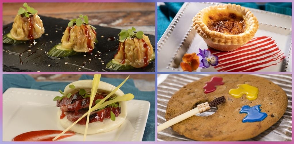 Assorted desserts including a plate of dumplings with sauce, a lemon tart topped with caramelized sugar, a cookie painted with colorful royal icing, and a savory dish with edible microgreens.